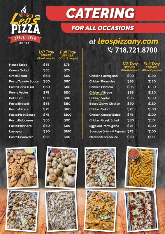 Leo’s catering menu with half-tray and full-tray selections